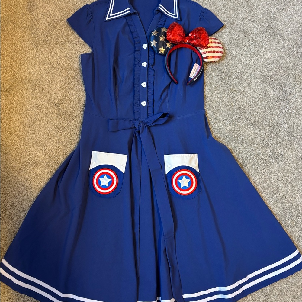 Custom Made Disney Marvel Dress with matching Minnie Ears Captain America